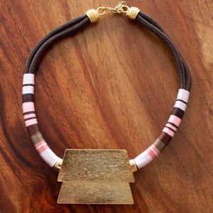 Handmade necklace gold plated with earth and pink thread